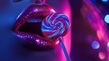 Close-up of female lips with glossy lipstick and colorful lollipop in neon lights photo