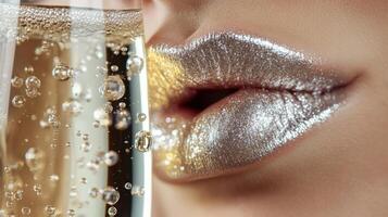 Close-up of metallic lipstick on lips with champagne bubbles highlighting elegance photo