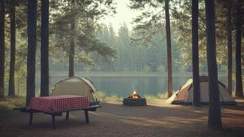 Serene lakeside campsite with tents and campfire surrounded by pine trees photo