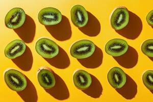 Kiwi fruit halves on vibrant yellow background creating visual pattern photo