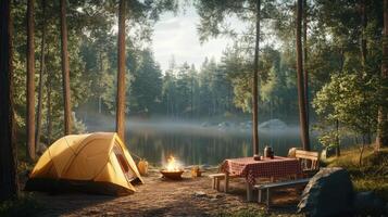 Camping by the lakeside with tent and fireside in tranquil forest environment photo