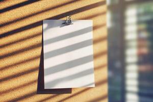 Blank white paper on corkboard with sunlight casting striped shadows photo