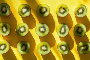 Kiwi halves pattern on a bright yellow background highlighting freshness photo
