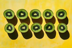 Kiwi fruit halves arranged on bright yellow background with shadows photo
