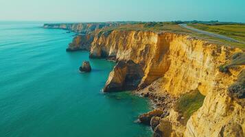 Majestic coastal cliffs and ocean waves under clear blue sky photo