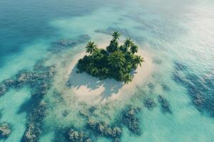 Tropical island paradise with palm trees surrounded by turquoise ocean waters photo