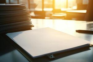 Stack of documents on office desk with sunlight illuminating papers photo