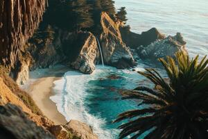 Majestic coastal landscape with rocky cove and waterfall by cliffside photo