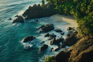 Scenic tropical beach with palm trees and rocky shoreline at sunrise photo