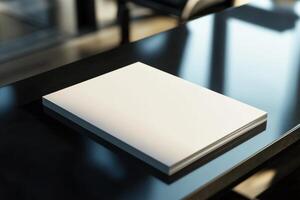 Stack of blank white a4 paper sheets on a dark modern desk in office setting photo