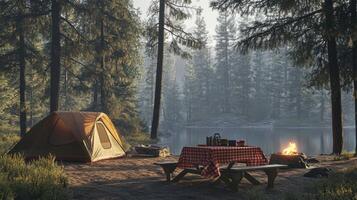 Tranquil camping scene with tent, picnic table, and campfire by serene forest lake photo