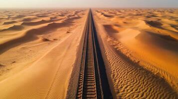 Endless railway track cutting through expansive desert dunes landscape photo