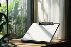 Empty clipboard on sunlit windowsill surrounded by lush green plants emphasizing workspace photo