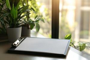 Sunlit workspace with blank paper on clipboard by window and green plants photo