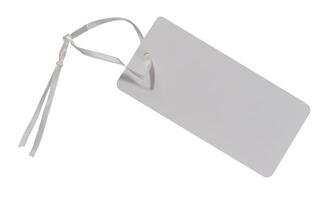 Rectangular white paper tag on a string on an isolated background. photo