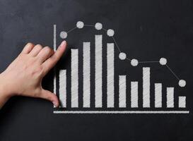 A hand interacts with a bar and line graph drawn in white chalk on a blackboard. photo