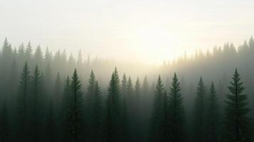 A forest with trees and a foggy sky. The trees are tall and green, and the sky is cloudy photo