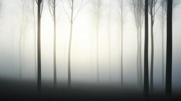 A forest with foggy trees and a cloudy sky. The trees are tall and the sky is gray photo