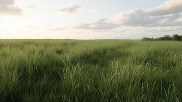 A field of grass with a cloudy sky in the background. The sky is a mix of blue and white clouds, and the grass is tall and green photo