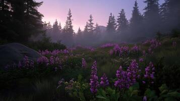 A beautiful field of purple flowers, with a foggy sky in the background. The flowers are scattered throughout the field, with some blooming in the foreground and others in the background photo