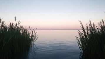 The water is calm and the sky is pink. The grass is tall and the water is clear photo