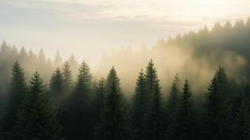 A forest with trees in the foreground and background. The trees are tall and green. The sky is cloudy and the sun is barely visible. The forest is misty and the trees are covered in fog photo