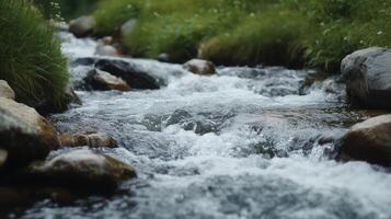 A stream of water flows between rocks. The water is clear and calm, and the rocks are scattered throughout the stream. The scene is peaceful and serene, with the water providing a sense of tranquility photo