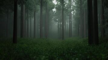 A forest with trees and grass. The trees are tall and the grass is green. The sky is cloudy and the light is dim photo