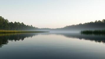 A calm lake with trees in the background. The water is still and the sky is cloudy photo
