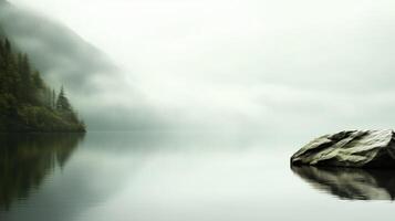 A large rock sits in the middle of a lake, surrounded by trees. The water is calm and still, and the sky is overcast. The scene is peaceful and serene photo