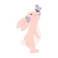 Cute pink rabbit with a butterfly on its nose vector