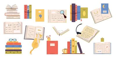 World Book Day. Stack of books, vertical books, open notebook, glasses, coffee, lamp, magnifying glass. Literature, education concept. Colored flat illustration isolated on white background. vector