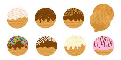 Set of round cookies Stroopwafels with caramel filling. Dutch waffles with different sprinkles marshmallow, almond, dragee, topping. isolated illustrations for menu design, prints, stickers. vector