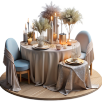 vibrante abstrato Casamento recepção mesas com roupa de cama e peças centrais isolado para evento planejamento visuais profissional png