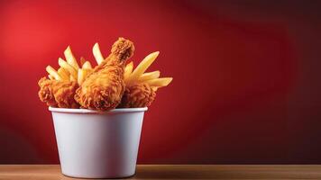Crispy Fried Chicken and French Fries in a White Bucket Against a Deep Red Background photo