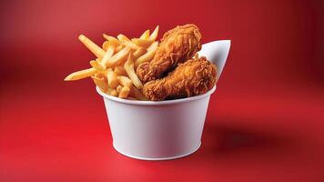 Crispy Fried Chicken and French Fries in a White Bucket. photo