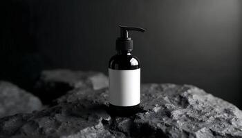 Modern cosmetic bottle on dark stone backdrop, ready for branding. photo