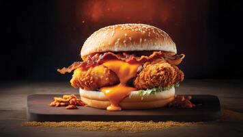 Deliciously melty chicken bacon burger with dripping cheese sauce. photo