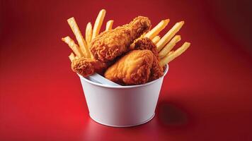 Crispy Fried Chicken and Fries in a White Bucket. photo