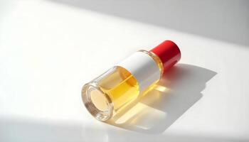 Elegant Amber Perfume Bottle with Blank Label on White Background photo