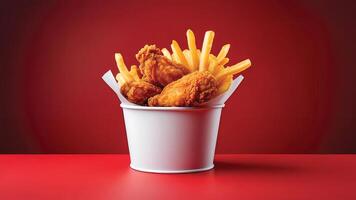 Crispy Fried Chicken and French Fries in a White Bucket photo