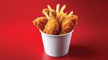 Crispy Fried Chicken and French Fries in a White Paper Cup. photo