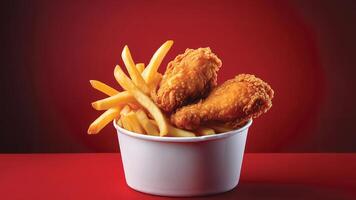 Crispy Fried Chicken and French Fries in a White Paper Cup photo