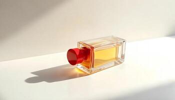 Luxurious Amber Perfume Bottle on a White Surface photo