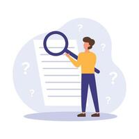Man holding magnifying glass, data analysis vector