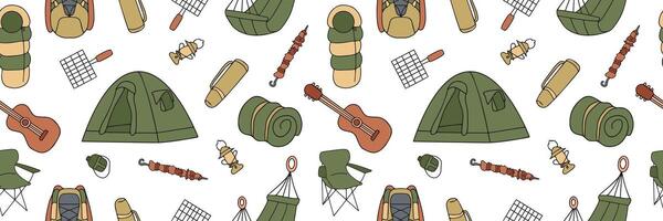 Seamless pattern of Picnic and BBQ elements. Bright colorful doodle style symbols for summer outdoor recreation theme. vector