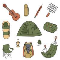 Picnic and BBQ web icons. Set of bright colorful symbols in doodle style for summer outdoor recreation theme. illustration vector