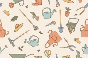 Seamless pattern of garden tools in doodle style. Watering can, hoe, bucket, hose, pitchfork, shovel, wheelbarrow, trowel, pruner, tree seedlings, garden fork, rake and other line icons. Bright vector
