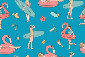 Seamless summer pattern on a blue background. Girls with surfboards and an inflatable ring in the shape of a pink flamingo. Summer party. vector