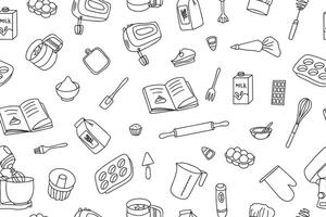Seamless pattern of baking accessories. Kitchen utensils in doodle style on white background. Fashionable print for your design. vector